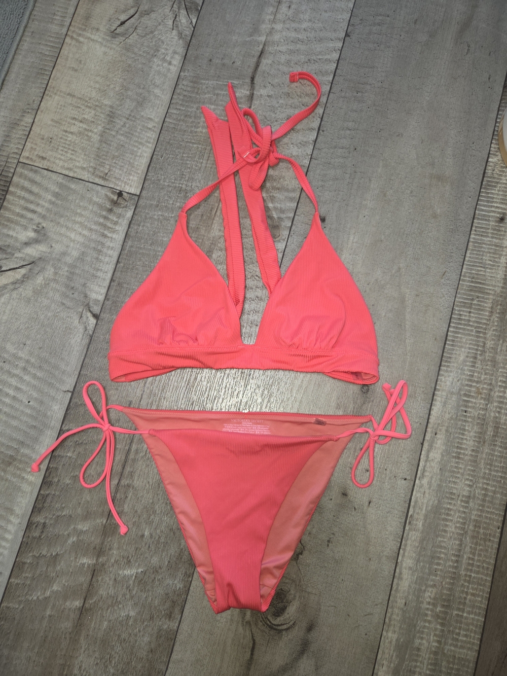 Victoria's Secret Neon Coral Pink Tie-Strap Bikini Size Small EUC